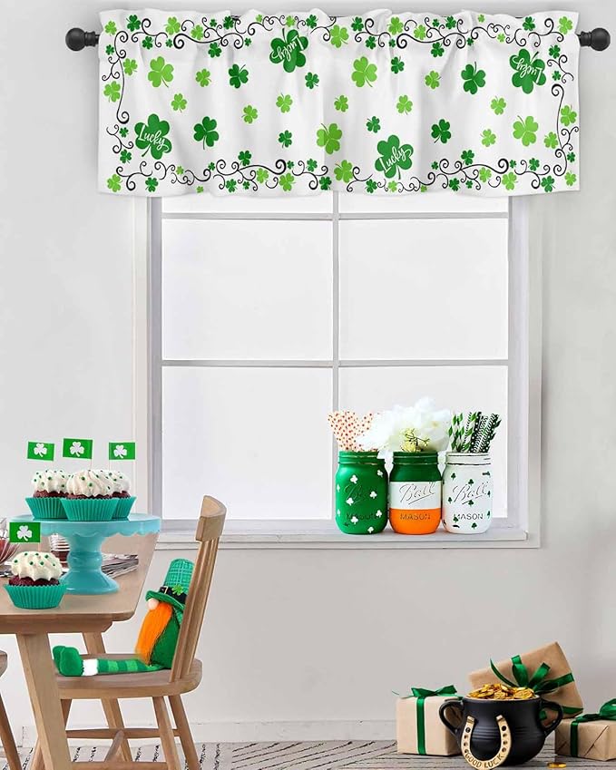 Vandarllin St. Patrick's Day Kitchen Curtains Valances for Windows Green Shamrock Irish Clover Rod Pocket Window Treatment for Kitchen/Living Room/Bedroom/Bathroom, 42" X 18", Seasonal Spring Holiday