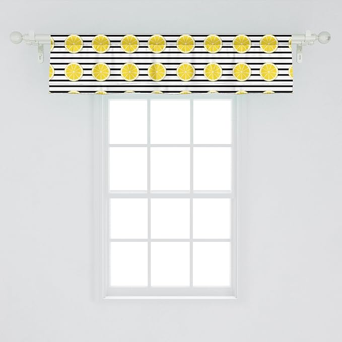 Ambesonne Lemons Window Valance, Citrus Fruits in Slices Pattern on Symmetrical Striped Background, Curtain Valance for Kitchen Bedroom Decor with Rod Pocket, 42" x 12", Yellow Charcoal Grey