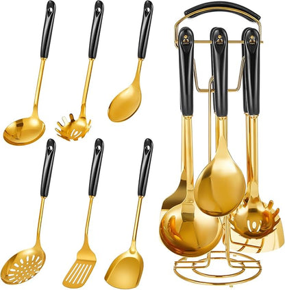 Black and Gold Cooking Utensils Set 7 Pcs Stainless Steel Kitchenware Includes Hanging Shelf Include Slotted Spoon, Slotted Spatula, Large Spoon, Soup Ladle, Spatula, Pasta Spoon