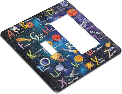 ABC Outer Space 2 Gang Single Toggle Rocker Combination Light Switch Cover Alphabet Galaxy Boys Educational Decorative Wall Plate Cover Electrical Faceplate for Kidroom Nursery Boyroom Kitchen Decor