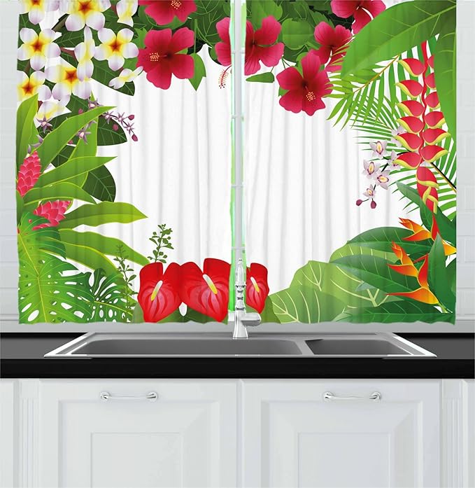 Ambesonne Leaf Long Kitchen Curtains, Hibiscus Plumeria Crepe Gingers Anthurium Leaves Frame Image Print, Two Panels Drapes with Rod Pocket Room Decor, 55" x 45", Hot Pink White Red and Green