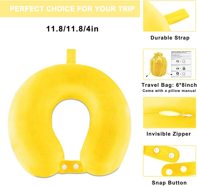 Travel Neck Pillow Airplane, Soft Memory Foam Support Head Neck Chin, with Removale Cover and Adjustable Snap Button, Comfortable Sleeping in Plane Car Train Traveling Office Home, Yellow