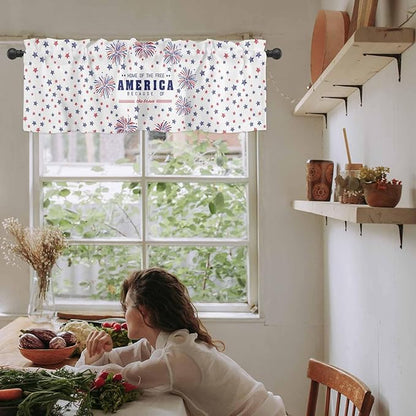 Vandarllin 4th of July Kitchen Curtains Valances for Windows Patriotic America Stars Fireworks Rod Pocket Window Treatment for Kitchen/Living Room/Bedroom/Bathroom, 42" X 12", Red White Blue