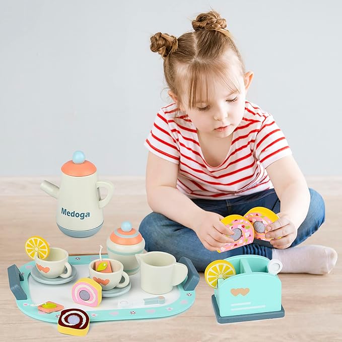 Wooden Tea Set toy Play Kitchen Accessories for Kids Pretend Play Food for Toddlers Tea Party Set for 3, 4, 5 Year Old Girls and Boys (Tea Set)