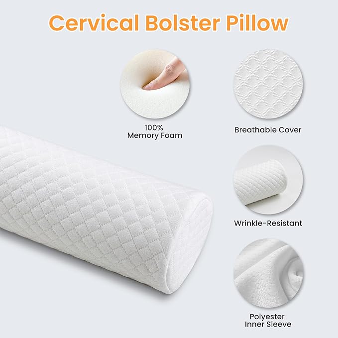 Neck Pillow for Sleeping, Cervical Pillow with Washable Zippered Cover, Cervical Round Pillow for Support with Breathable Cover, Home Travel Cylindrical Bolster for Bed, Legs, Back and Yoga