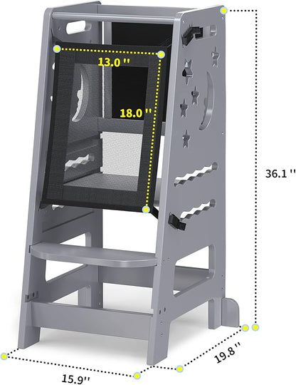 TOETOL Bamboo Learning Standing Helper Tower with Keeper - Grey Toddlers Kitchen Stools Counter 3 Height Adjustable Helper with Message Boards