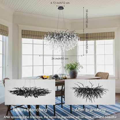 23.6in Black Crystal Chandelier, Modern Tree Branch Chandeliers for Dining Room, 8-Light Farmhouse Chandelier Ceiling Light Fixture for Living Room,Kitchen Island Foyer