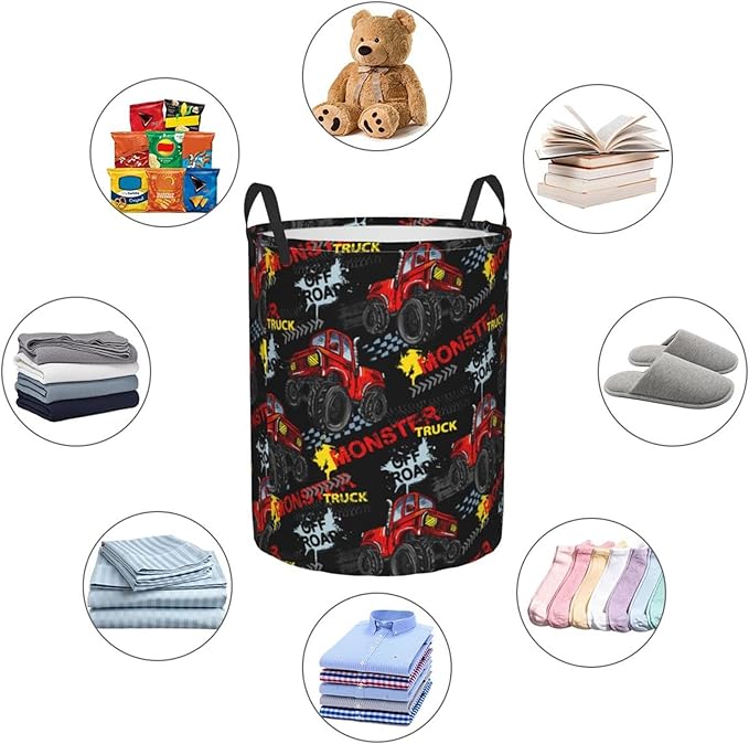 Cute Monster Trucks Cars Round Laundry Hamper Storage Basket Toys Clothes Organizer Bin For Home Bathroom Bedroom Dorm Nursery, 38l