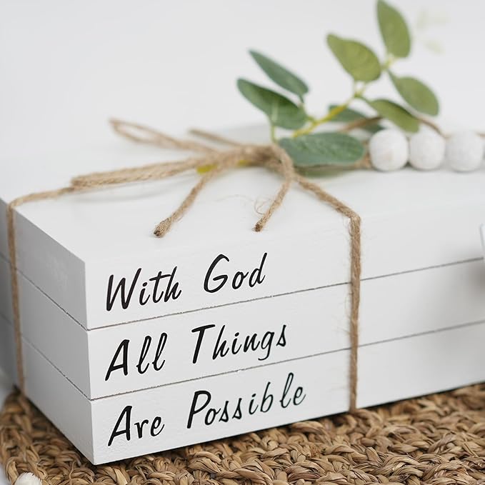 Decorative Books for Home Decor, Fake Books for Decoration, Wooden Faux Books for Decoration, Farmhouse Book Decor (with God All Things are Possible)