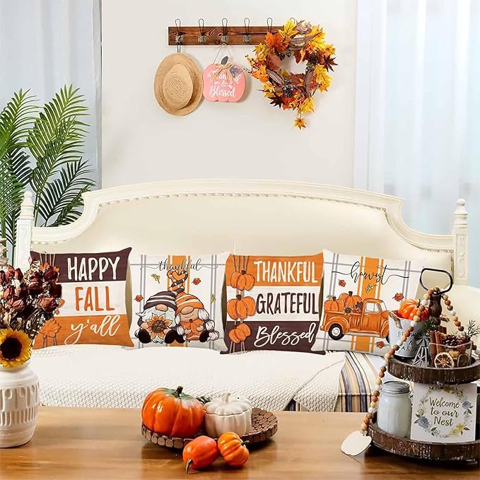 Fall Decorations for Home, Fall Pillow Covers 18x18 Set of 4, Thanksgiving Decorations Autumn Cushion Case for Couch(Fall06)