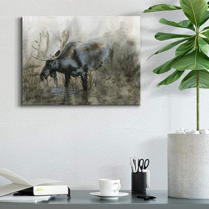 Renditions Gallery Canvas Animal Wall Art Home Paintings & Prints Scary Grazing Moose Abstract Black & White Horror Modern Artwork Decorations for Bedroom Office Kitchen - 18"x27" LT33