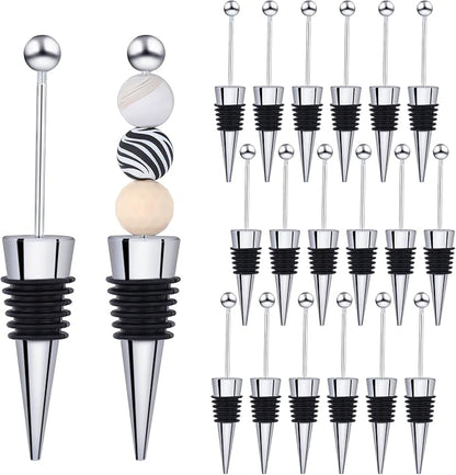 18 Sets Gold Beadable Wine Stoppers Silicone Wine Stoppers Reusable Alloy Wine Stoppers for DIY Drink Gifts Holiday Party Wedding Bar Accessories(Platinum)