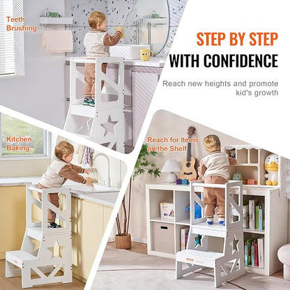 VEVOR Toddler Step Stool, Natural Pine Wood Kids Kitchen Stool Helper with Safety Rail & 150LBS Loading Capacity, Standing Tower Learning Stool for Bedroom Bathroom Kitchen Counter, White