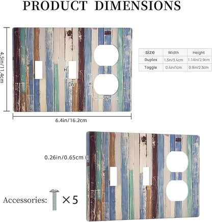 Vintage Wood Texture Farmhouse Decorative Combo 2 Toggle Duplex Outlet Light Switch Cover Wall Plate 3 Gang for Electrical Kitchen Living Room Bedroom Bathroom Home Novelty Decorate