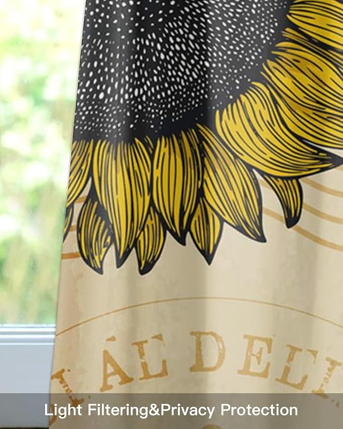 Vintage Sunflower Bee Kitchen Curtains Valances for Windows Summer Rod Pocket Window Treatment for Kitchen/Living Room/Bedroom/Bathroom,42" X 18" -1 Panel, Yellow