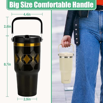 30oz Tumbler with Handle and Straw, Vacuum Insulated Tumblers with Flip Straw and Top Handle, Reusable Insulated Cup for Home, Outdoors, Leakproof, Fits in Cup Holder, Cold for 30 Hours