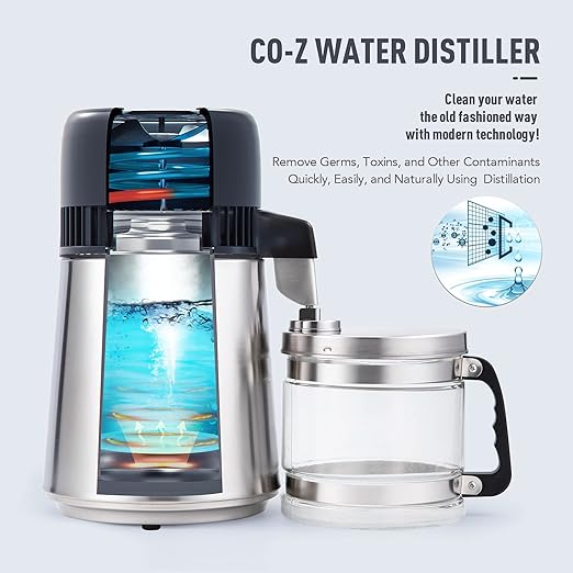 CO-Z Water Distiller 4L Distilled Water Maker with Glass Pot, Brushed 304 Stainless Steel Home Countertop Distiller Water Machine, Distilling Water Purifier Distillers to Make Clean Water