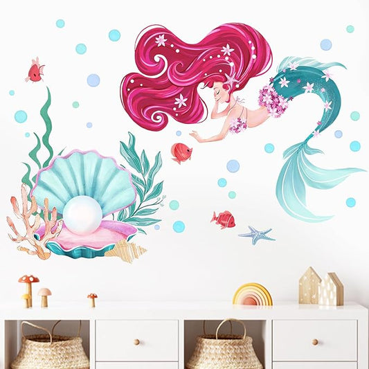 Mfault Mermaid Under The Sea Wall Decals Stickers, Shell Pearl Ocean Creatures Marine Life Nursery Decoration Girls Bedroom Art, Coastal Beach Bubble Fish Coral Toddler Kids Room Playroom Home Decor