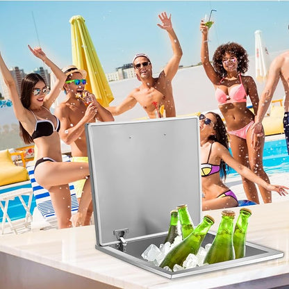 Upgraded Drop in Ice Chest, Stainless Steel Ice Cooler, Commercial Ice Bin with Cover, Outdoor Kitchen Ice Bar, Drain-Pipe and Drain Plug Included, for Cold Wine Beer