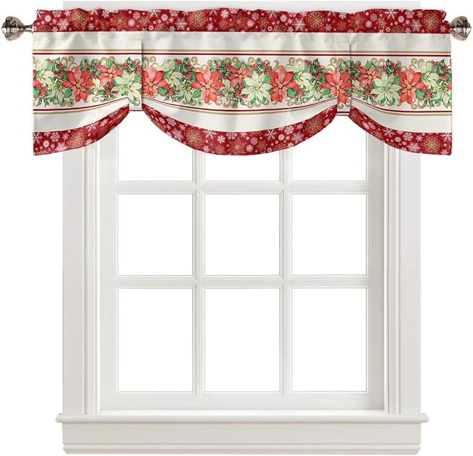 Watercolor Poinsettia Christmas Blackout Tie Up Valance Curtains for Kitchen Windows Red Xmas Winter Holiday Window Toppers Balloon Shades for Living Room/Bathroom/Bedroom,42" X 12", Gold White