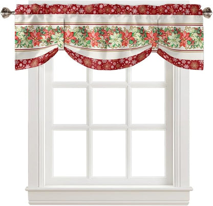 Watercolor Poinsettia Christmas Blackout Tie Up Valance Curtains for Kitchen Windows Red Xmas Winter Holiday Window Toppers Balloon Shades for Living Room/Bathroom/Bedroom,42" X 18", Gold White