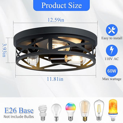 13 inch Black Flush Mount Ceiling Light Fixture, 3-Light, Close to Ceiling, Ideal for Hallway, Kitchen, Farmhouse, Bedroom