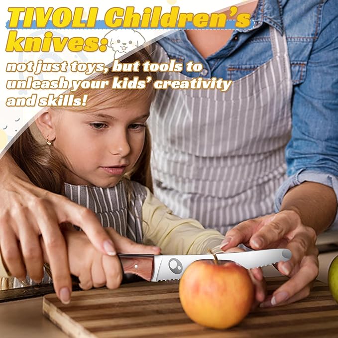 TIVOLI kids knife set for real cooking Kids Kitchen Knives for Cutting 4pcs- Stainless Steel Safety Knives with finger guard for Cutting, Chopping Fruits Veggies, Food-grade Kids Cooking knife