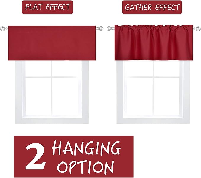 4 Panels Red Valance for Windows 42x18 Inch Solid Thermal Insulated Blackout Rod Pocket Kitchen Short Curtain Toppers Valance for Bathroom Living Room