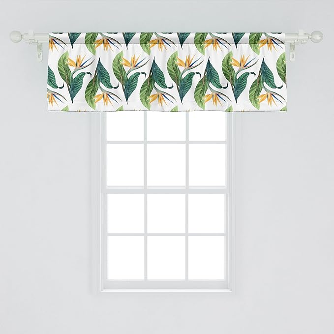 Ambesonne Exotic Window Valance, Macro Watercolor Painting of Bird of Paradise Flower and Leaves, Curtain Valance for Kitchen Bedroom Decor with Rod Pocket, 42" x 18", Multicolor