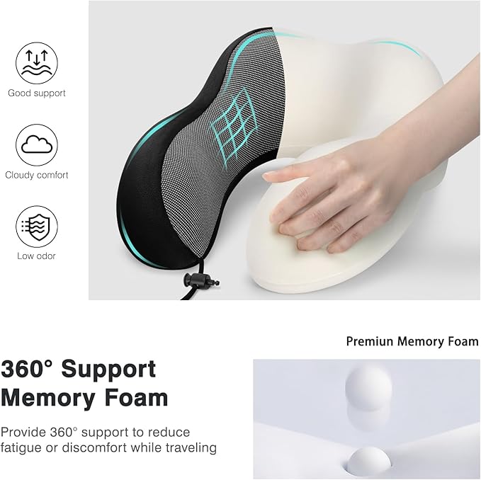 Neck Pillow for Airplane, Memory Foam Travel Pillows, Soft & Support Travel Pillow for Travelling, Sleeping Rest, Car, Train and Home Use (Black/Hump-Shaped)