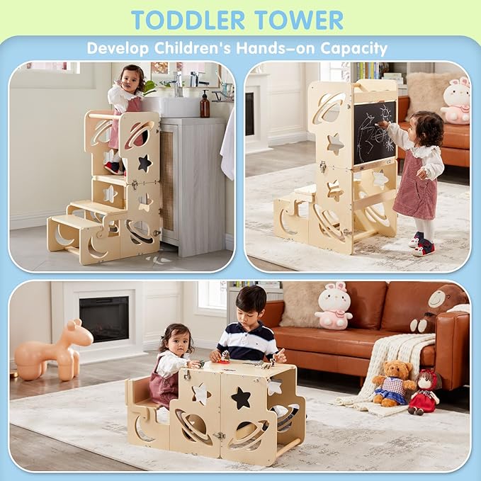 Toddler Tower, Toddler Stool for Kitchen, Kids Learning Wooden Tower, Foldable Weaning Table with Kids Step Stool, Montessori Toddler Standing Tower for Bathroom and Kitchen Counter