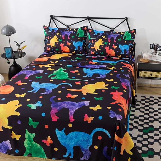 qjmiaofang Cat Sheets Twin Multi Color Sheet Set Cute Cats Bedding Set for Kids Candy Cat Fitted Sheet 3Pieces Butterfly Printed Bed Set for Home 1 Fitted Sheet 1 Flat Sheet 1 Pillowcases