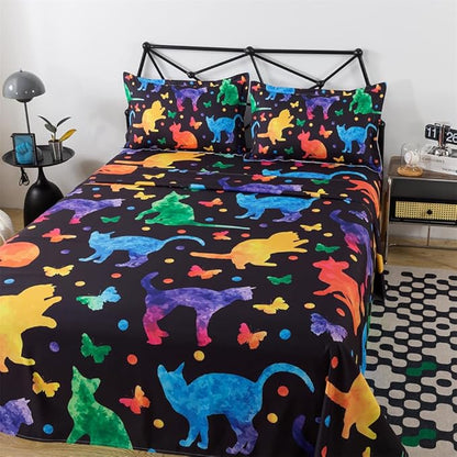 qjmiaofang Cat Sheets Queen Multi Color Sheet Set Candy Cat Fitted Sheet Cute Black Cat Bedding Set for Kids 4Pcs Colorful Butterfly Printed Bed Set for Home 1 Fitted Sheet 1 Flat Sheet 2 Pillowcases