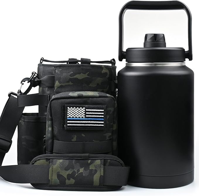 1 Gallon Insulated Water Bottle with Sleeve - 128 Oz Stainless Steel Water Jug with Handle - Wide Mouth Water Flask with Camo Tactical Carrying Bag for Outdoors, Sport, Gym, Hiking