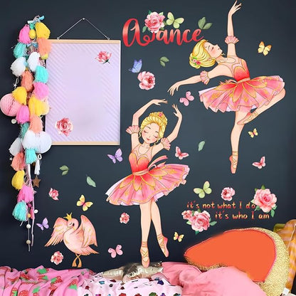 Ballerina Girl Wall Decals Dancing Girl Swan Dance Wall Stickers Swan Rose Butterfly Decor Inspirational Home Kid Room Decoration Bedroom Playroom Art Gift