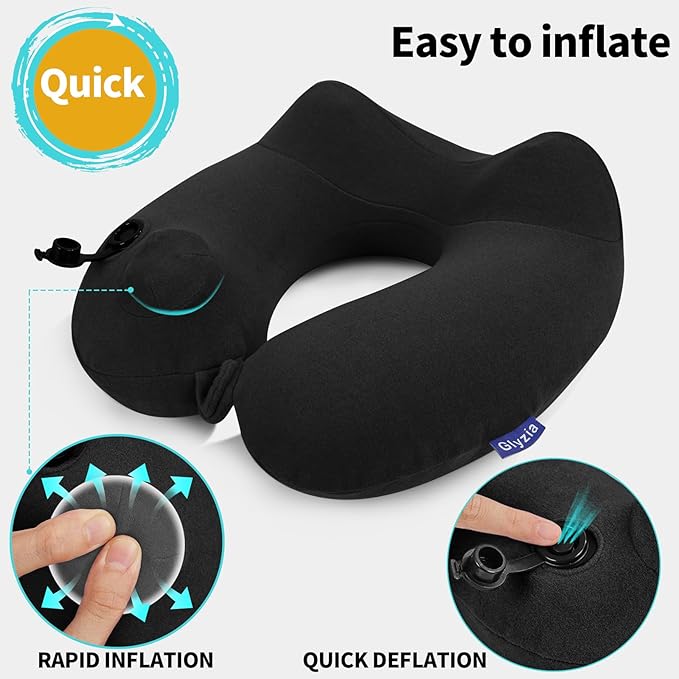 2 Pack Inflatable Travel Neck Pillow for Airplane, 360° Head Support Velvet Adult Neck Pillow for Long Flight, Removable Washable Cover, Kit with Eye Masks, Earplugs & Storage Bag, Black