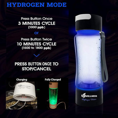 ® - Molecular Hydrogen Water Bottle, 400ml Portable Hydrogen Water Maker, Hydrogen Water Generator with Portable Inhaler Adapter and Self-Cleaning Mode, Black Tritan