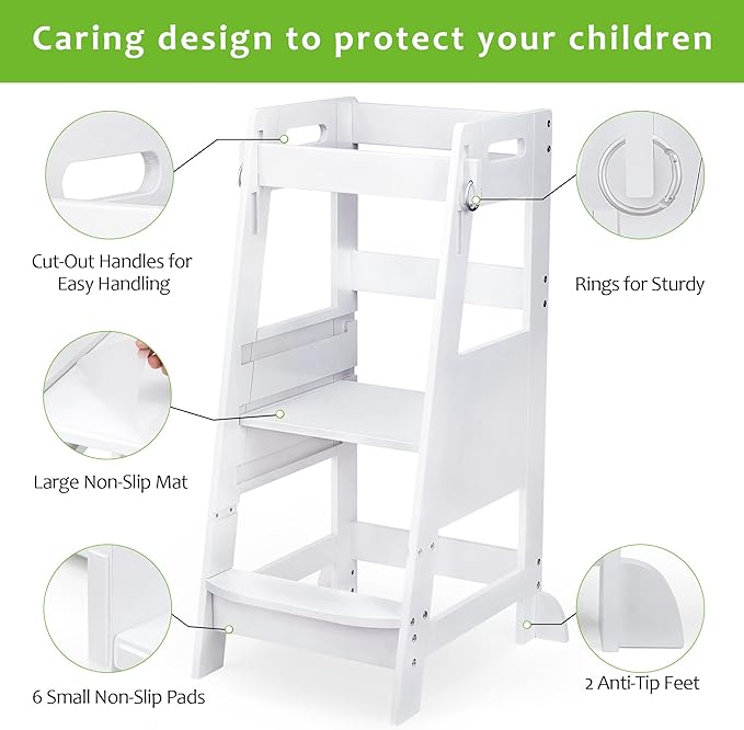 TOETOL Bamboo Toddler Step Stool Kitchen Learning Stool for Kids Helper StandingTower 3 Height Adjustable for Kitchen Counter & Bathroom Sink with Safety Rail,White