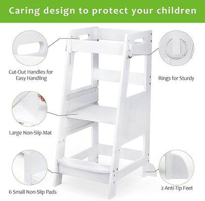 TOETOL Bamboo Toddler Step Stool Kitchen Learning Stool for Kids Helper StandingTower 3 Height Adjustable for Kitchen Counter & Bathroom Sink with Safety Rail,White