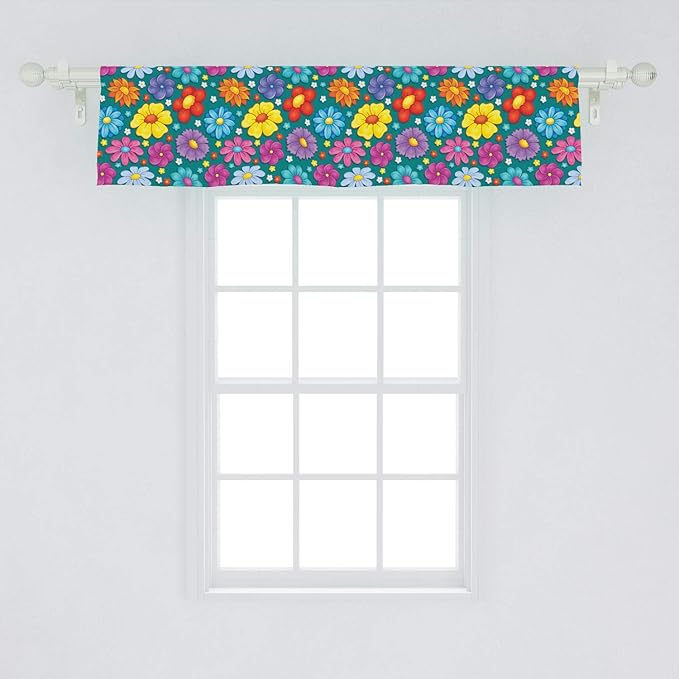 Ambesonne Flower Window Valance, Flowering Spring Freshness Childish Nursery Playroom Baby Daisy Peony Lily Petals, Curtain Valance for Kitchen Bedroom Decor with Rod Pocket, 54" X 12", Magenta Green