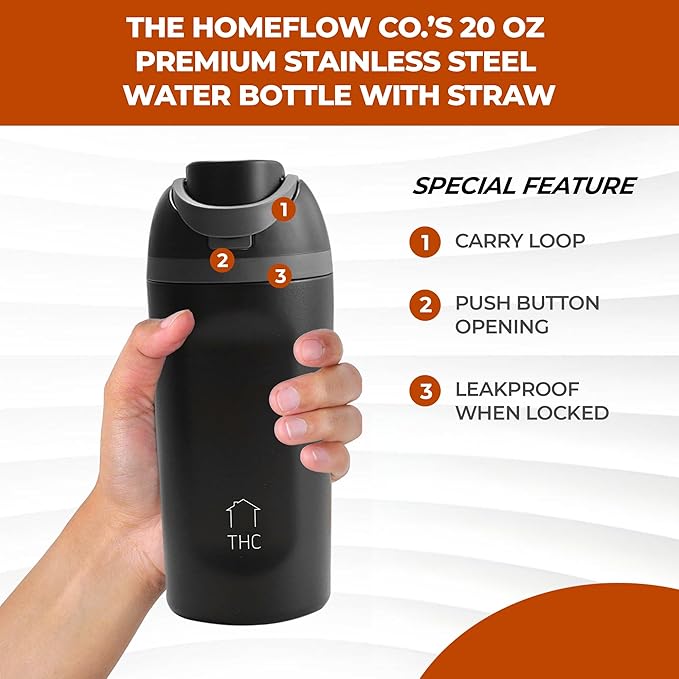 The HomeFlow Co.'s 20 oz Water Bottle with Straw - Leakproof Stainless Steel BPA-Free Water Bottle, Double Walled & Vacuum Insulated (Black & Grey)