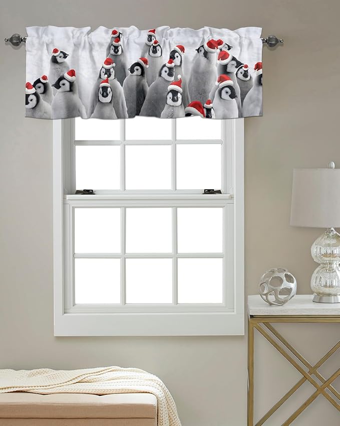 Vandarllin Funny Penguin with Christmas Hat Kitchen Curtains Valances for Windows Winter Holidays Rod Pocket Window Treatment for Kitchen/Living Room/Bedroom/Bathroom,42" X 12" -1 Panel,