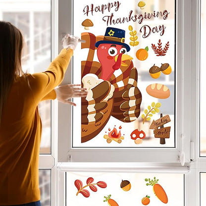 12 Sheets Thanksgiving Window Clings Fall Window Stickers Turkey Maple Leave Window Decoration Autumn Glass Decorations Window Decals for Home Office Classroom Party(Style B)