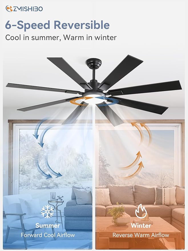 62 inch Large Ceiling Fans with Lights and Remote, Indoor/Outdoor Black Modern Ceiling Fan for Kitchen Living Room Patio, 6 Speed Reversible Quiet DC Motor, 3 CCT, Dual Finish 8 Blades