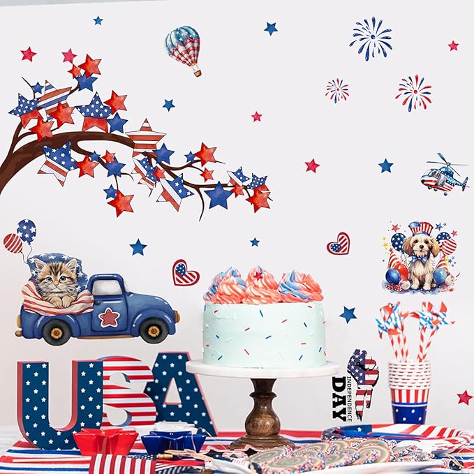 America Independence Day Wall Stickers for Wall Decor 2 Large Sheets 4th of July Wall Decals Removable Fireworks Animal Flag Star Window Decals Patriotic Memorial Day Stickers for Kitchen Home Decor