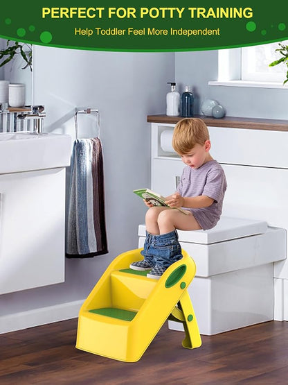 Toddler Kids Step Stool for Kitchen Bathroom Sink, Green & Yellow | Dual Height 11" Child Kid 2 Step Stool Toilet Potty Training Kitchen Helper - Foldable - Save Space, Easy to Move, Slip-Resistant