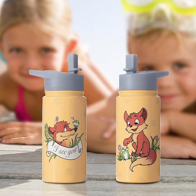 15oz Fox Water Bottle Insulated Stainless Steel, Metal Flask for Boys With Straws and Brush, Christmas Hand Wash Only