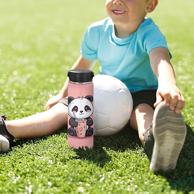 ZOUTAIRONG Cute Panda Insulated Water Bottles with Handle Stainless Steel Metal Water Bottle, Cold & Hot Water Bottle 18 oz, Leak Proof Travel with Milk Tea Designs Pink