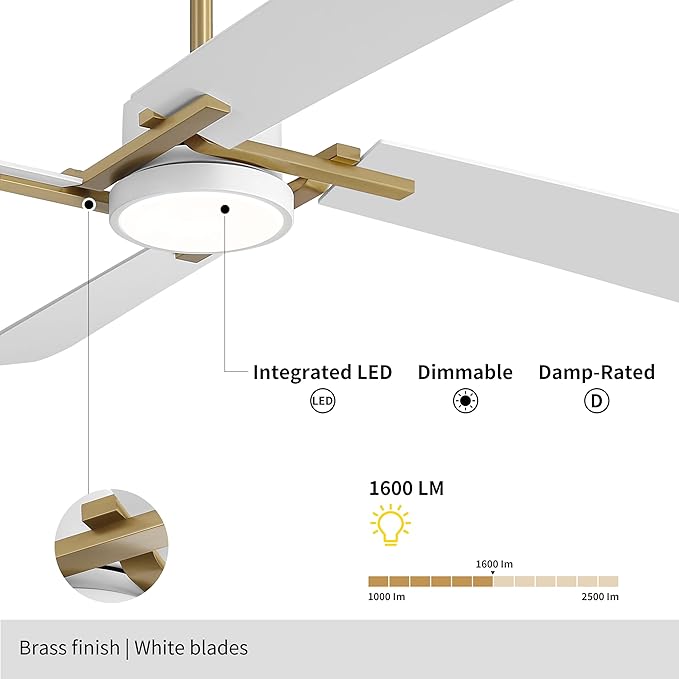 WINGBO 56 Inch DC Ceiling Fan with Lights and Remote, 4 Plywood Blades, 6-Speed Reversible DC Motor, Dimmable, 3CCT, Farmhouse Ceiling Fan for Bedroom Living Room Kitchen, Brass and White