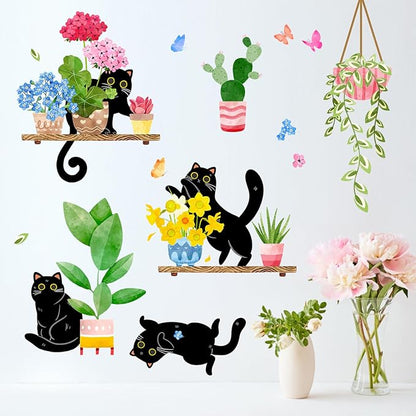 Mfault Spring Summer Potted Plant Black Cat Wall Decals Stickers, Kitty Geranium Flower Cactus Bonsai Vine Decoration Bedroom Art, Floral Succulent Botanical Seasonal Home Kitchen Decor Party Supplies